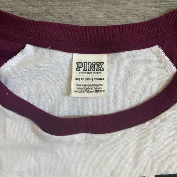 Victoria’s Secret PINK Nation Baseball Tee Oversized XS Maroon White - Picture 3 of 12